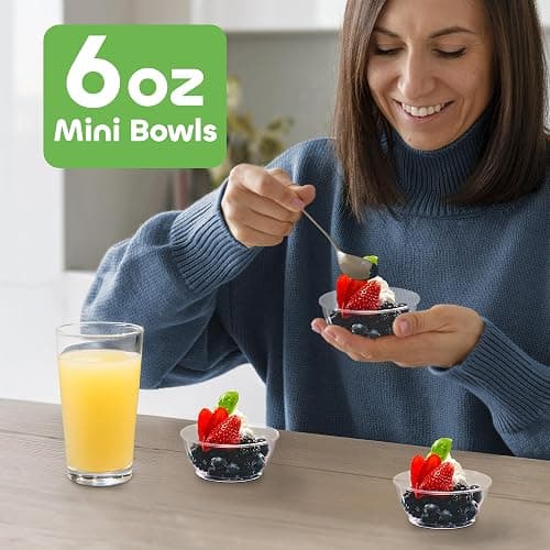 JoyServe Clear Mini Plastic Bowls - (Bulk 100 Pack) 6 Oz Disposable Premium Hard Plastic Dessert Bowls for Serving, Weddings, Catering, Parties, Salsa, Home or Event Party Supplies thumbnail 2
