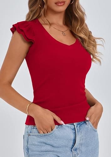 PRETTYGARDEN Womens V Neck Summer Tops Ruffle Sleeveless Slim Fit T Shirts Going Out Casual Blouses 2025 thumbnail 7