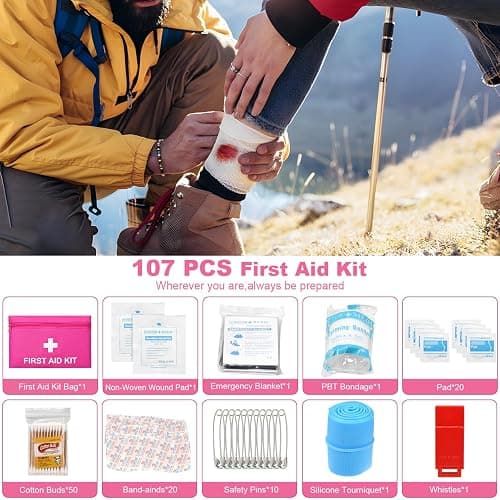 VEIYIE Car Emergency Kit with Portable Air Compressor, Pink Roadside Emergency Car Kit for Vehicles, 10FT Jumper Cables, Car Safety Kits Road Trip Essentials for Women, First Aid Kit, Tool Kit thumbnail 7