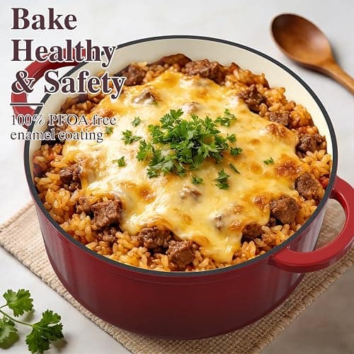 Umite Chef 7QT Enameled Cast Iron Dutch Oven with Lid & Cotton Potholders–Heavy-Duty Cookware for Bread Baking, Braising, Stews, Marinate, Cook(Red) thumbnail 4