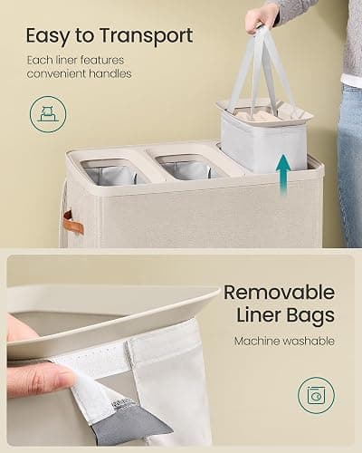 SONGMICS Laundry Basket, 50.2 Gal. Laundry Hamper, 3 Compartments, Easy Assembly, with Lid and Handles, Removable Liners, 25.2 x 15.7 x 29.5 Inches, Cappuccino Beige ULCB814LH01 thumbnail 6