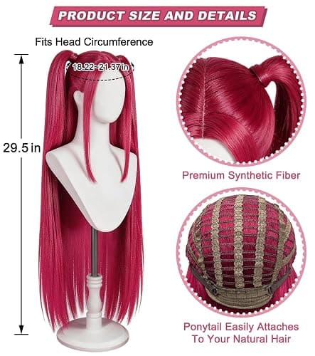 Hot Pink Cosplay Wig for Kids with 2 Ponytails, Long Straight Synthetic Wig | Synthetic anime-style wig for Halloween,carnival,costume parties, cosplay role play,and themed dress-up events thumbnail 2
