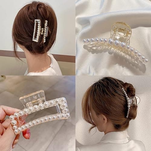 Mehayi 4 PCS Large Pearl Hair Claw Clips for Women Girls, Hair Barrette Clamps for Thick Thin Hair, Fashion Hair Accessories Headwear Styling Tools for Party Wedding thumbnail 4