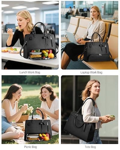 Lunch Tote Bag for Women 2 in 1 Laptop Work Bag with Lunch Insulated Compartment and Purse Combo Waterproof PU Leather 15.6 Inch Computer Crossbody and Shoulder Bag for Daily, Office, Picnic. Black thumbnail 5