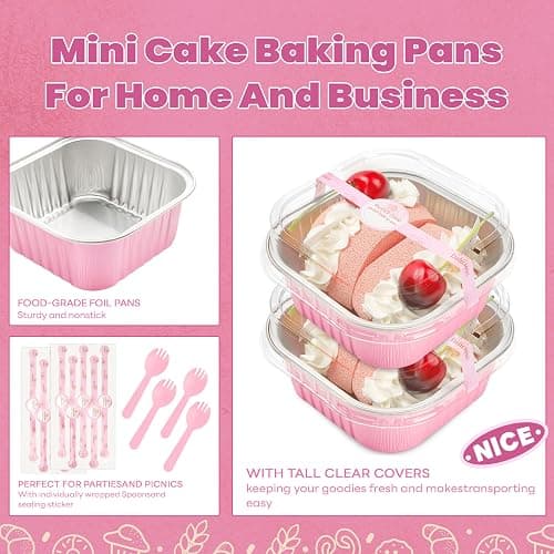 NPLUX 60 Pack Mini Cake Pans with Lids Mini Aluminum Pans, Disposable Loaf Pans Cupcake Liners with Lids for Pudding, Souffle, Party, Wedding, Mothers Day Party Favors(Pink, 10 oz) thumbnail 4