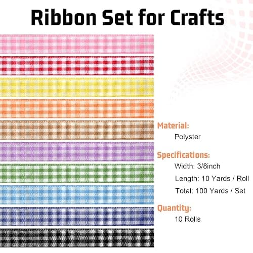Sdfvsdg 10 Color 100 Yards Gingham Ribbon Variety Pack 3/8" X 10 Yards/Roll Spring Easter Plaid Assortment Ribbon Set for Gift Wrapping Crafts Bows Hair Bows Holiday Decoration thumbnail 3