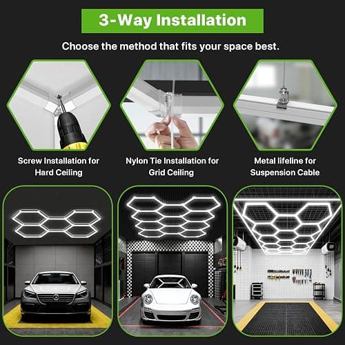 Glitgate Hexagon Garage Lights 22 Grids: 3 Level Dimmable 581W 63910LM Led Hexagonal Shop Light, 6500K Daylight White Hex Honeycomb Ceiling Lighting System Super Bright for Gym, Basement, Workshop thumbnail 6