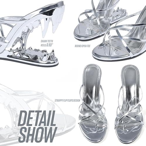 Goiphrri Wedge Sandals for Women Strappy Heels Round Open Toe Heels Metallic Shark Tiger Teeth heeled Sandals Flip Flops Thong Womens Mules Slip on Party Dress Wedding Ceremony thumbnail 5