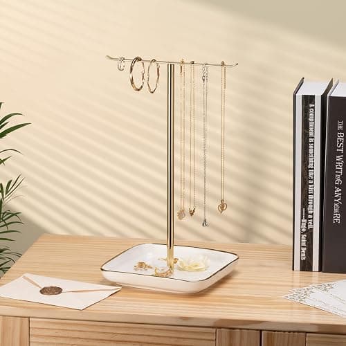 Jewelry Holder Stand with Ceramic Base: 12" Tall Necklace Organizer Rack, Tree Design Display Storage for Necklaces, Bracelets, Rings, Earrings, Aesthetic Room Décor for Girls and Women, Gold thumbnail 7