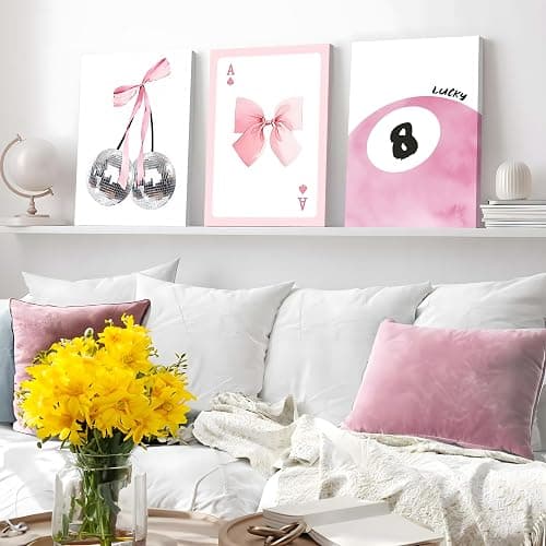 Framed Pink Canvas Wall Decor Set of 3, Pink Bow Wall Art Oil Painting, Girls Preppy Room Decor Picture, Trendy Disco Ball Print Poster for Teen Girl Apartment Bedroom Living Room Aesthetic 12x16 Inch thumbnail 4