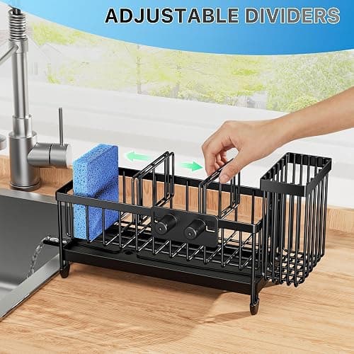 Cisily Sponge Holder for Kitchen Sink, Sink Caddy Organizer with High Brush Holder, Kitchen Countertop Organizers and Storage Essentials, Rustproof 304 Stainless Steel (Black with Smiley Face, 9.25″) thumbnail 5
