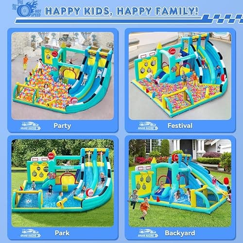 FINCOME Bounce House Double Slides for Kids 3-10, Large Bounce Castle with Air Blower 550W, Pool, Jumping, Climbing, Balls, Ring Toss, Inflatable Water Park for Birthday Party Holiday Outdoor Indoor thumbnail 6