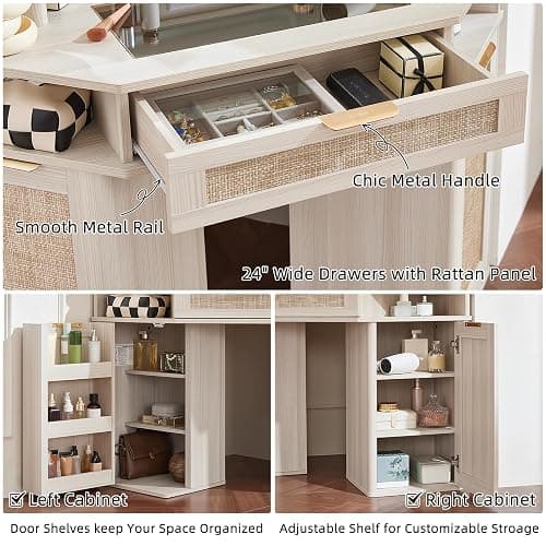 Lerliuo Corner Vanity Desk with 3 Way Mirror and Lights, 46'' Rattan Makeup Vanity with Glass Top Drawer, Boho White Make Up Storage Cabinets with Charger for Bedroom thumbnail 5