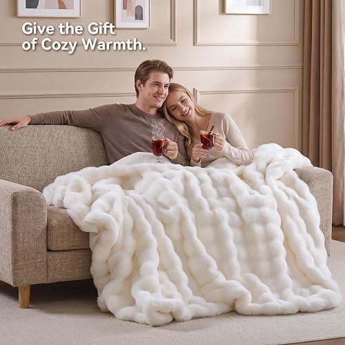 Smoofy Faux Fur Throw Blanket for Couch - Cream White Super Soft Cozy Bubble Blanket, Fluffy Plush Fuzzy Throw for Sofa & Bed, Thick Lightweight Warm Blanket, Luxury Aesthetic Gift for Women 50"x60" thumbnail 7