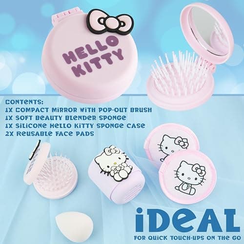 Hello Kitty Sanrio Beauty Accessories Set with Beauty Sponge & Holder, Reusable Makeup Remover Pads Folding Travel Hairbrush, Kawaii Gifts for Women thumbnail 6