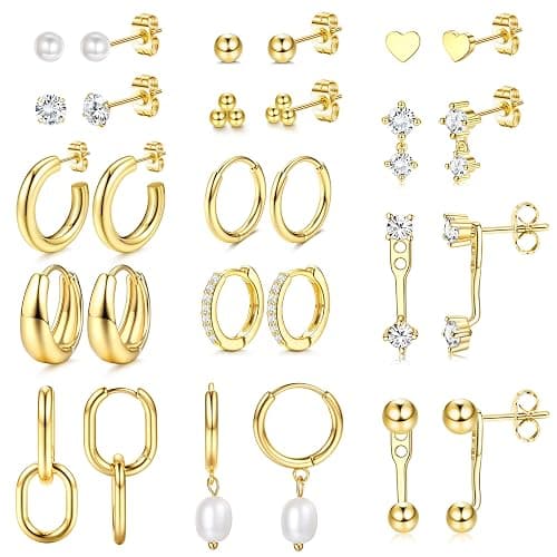 Hypoallergenic Gold Stud Hoop Earrings for Women Lightweight Small 14K Gold Plated Chunky Huggie Hoops Surgical Stainless Steel Stud Earring Dainty Cartilage Earrings Stacks for Women Jewelry Gifts - Image 1
