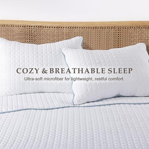 WDCOZY White Queen Size Quilt Bedding Set, Scalloped Farmhouse Country Rustic Lightweight Soft Coverlet, Cute Cozy Kantha Pick Stitch Bedspread, 2 Pillow Shams, Blue Edge White Stitching thumbnail 5