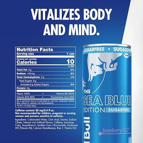 Red Bull Sea Blue Edition Sugar-Free Energy Drink, Juneberry, with 80mg Caffeine plus Taurine & B Vitamins, 8.4 Fl Oz, Pack of 24 Cans thumbnail 2