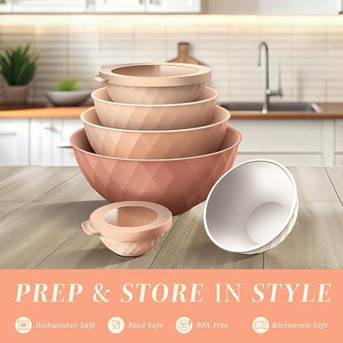 COOK WITH COLOR Mixing Bowls with Lids - 12 Piece Plastic Nesting Bowls Set includes 6 Prep Bowls and 6 Lids, Diamond Design - Microwave Safe, Orange thumbnail 2