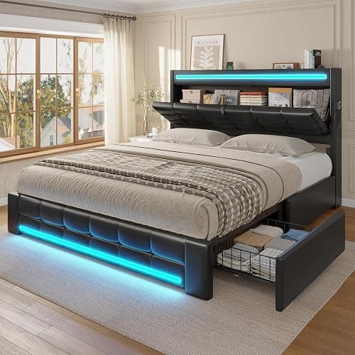 ADORNEVE Queen Bed Frame with Storage Headboard & 4 Drawers, LED Bed Frame Queen with Charging Station, Leather Upholstered Platform Bed Frame with Button Tufted, No Box Spring Needed, Black PU - Image 1