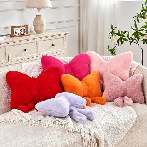 XVTRU Pink Bow Pillow, Soft Bow Decorative Pillows with Faux Rabbit Fur, Cute 12" Bow Throw Pillows, Aesthetic Home Decor Bow Shaped Plush Pillow for Bedroom Sofa Couch thumbnail 2