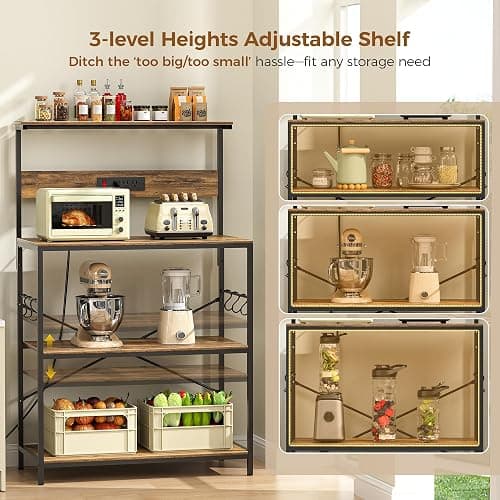 VUSIGN Kitchen Bakers Rack with Power Outlet, 4-Tier Coffee Stand with 6 S Hooks, Adjustable Kitchen Microwave Stand, Appliance Storage Shelf Rack for Spices, Pots and Pans, Rustic Brown,31.5" W thumbnail 6