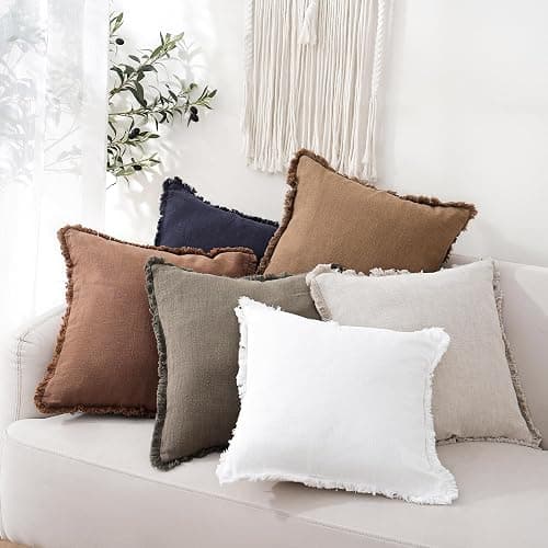 Foindtower Set of 2 Decorative Linen Fringe Throw Pillow Covers Cozy Boho Farmhouse Cushion Cover with Tassels Soft Accent Pillowcase for Couch Sofa Bed Living Room Home Decor,18×18 Inch,Khaki Brown thumbnail 6