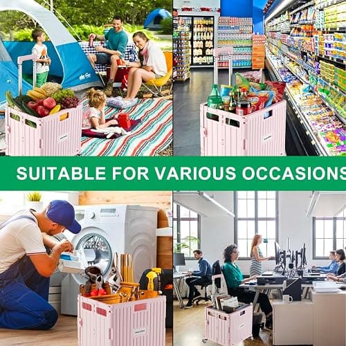 MACOPRO Folding Utility Cart Portable Rolling Crate Handcart Shopping Trolley Collapsible Tool Box, with Lid, Basket on 4 Rotate Wheels, for Grocery, Shopping, Office, Teacher (Pink) thumbnail 8