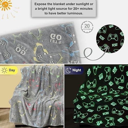 Jekeno Glow in The Dark Gaming Blanket Gamer Game Controller Throw Gift Toys for Kids Boys Teen Son Adults Gamepad Presents Easter Birthday Christmas Bedroom Decor Luminous Blanket Grey 50"x60" thumbnail 3