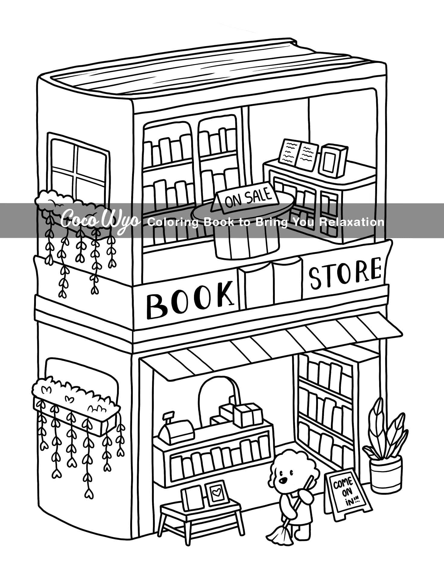 Cozy Spaces: Coloring Book for Adults and Teens Featuring Relaxing Familiar Corners with Cute Animal Characters for Stress Relief thumbnail 9