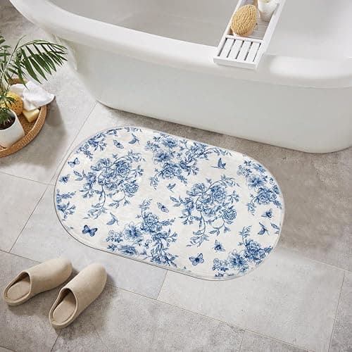 Blue Floral Chinoiserie Bath Mats for Bathroom Blue and White Flower Vintage Rug for Room Decor (31x20inch, Flower and Birds) - Image 1