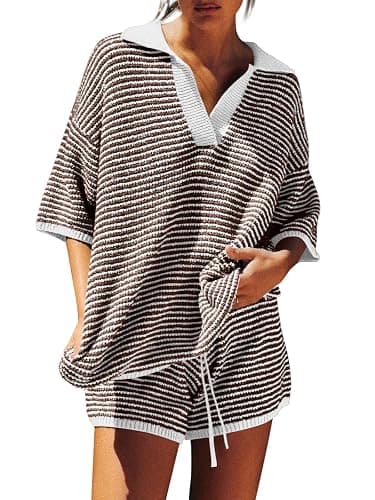 Tankaneo Womens Sweater Set 2 Piece Outfits 3/4 Sleeve Tops Shorts Lounge | Knit V Neck High Waisted Oversized Sets - Image 1
