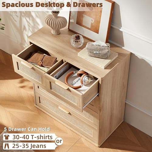 LEYAOYAO Rattan Dresser for Bedroom, 33.5" Tall Chest of Drawers, Modern 5 Drawers Boho Dressers with Storage, Light Oak Dresser Wooden Closet Organizer for Living Room, Hallway, Natural Wood thumbnail 5