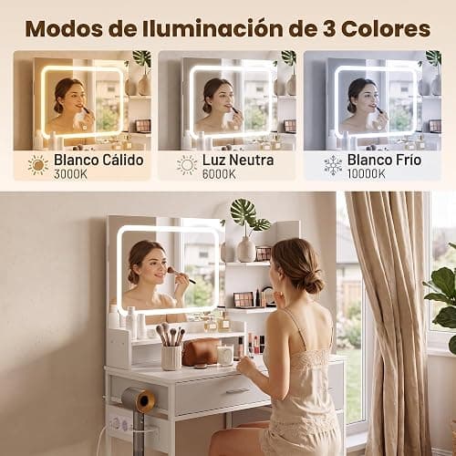 HOMCOM Tocador de Maquillaje con Espejo LED con Estación de Carga Blanco | Tocador, 3 Colores de Luz, 4 Cajones, 5 Estantes Abiertos, Soporte para Secador, Estructura Metálica, para Dormitorio thumbnail 4