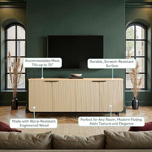 Walker Edison Reema Fluted 4-Door Kitchen Sideboard Buffet Console, 69 Inch, Coastal Oak thumbnail 5