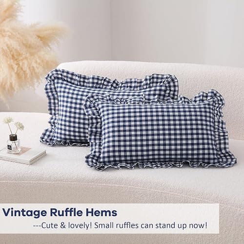 K MASANIJI 2 Pack Navy Blue Plaid Ruffle Gingham Lumbar Pillow Shams, 100% Washed Cotton Linen Feel Checkered Farmhouse Zipper Closure Pillow Covers for Bed/Sofa Zipper Closure - 20"x12" thumbnail 4