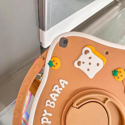 YOUSIDUN Capybara Kids Case for iPad 9th Gen(2021) / 8th Gen(2020) / 7th Gen(2019) 10.2 Inch,3D Cute Silicone Cartoon Cover for Boys with Rotating Stand, Adjustable Strap, Capybara Zipper Pouch- Beige thumbnail 6