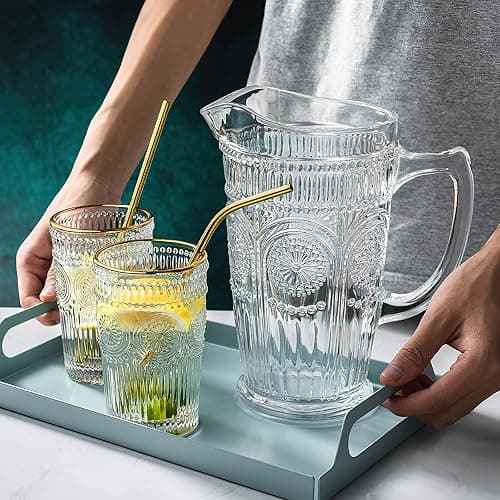 Kingrol 50 oz Glass Pitcher, Vintage Water Carafe Jug for Ice Tea, Juice, Milk, Beverages, Heat Resistant Glass Carafe for Hot/Cold Water thumbnail 7