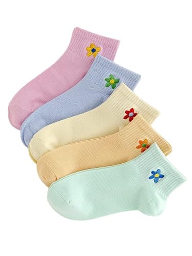 Verdusa Women's 5 Pairs Flower Embroidery Toe seamed Soft Crew Socks - Image 1