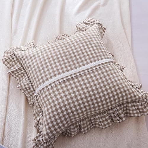 Mywinlle Taupe Plaid Ruffle Decorative Throw Pillow Covers for Couch 20"x20",2 Pack Vintage Checkered Washed Cotton Pillowcases for Bed, Sofa, Living Room thumbnail 4