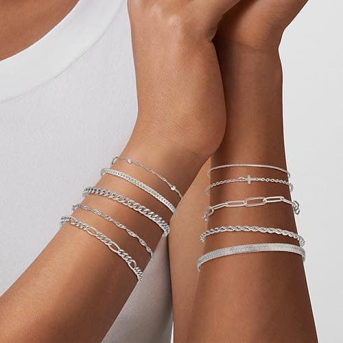 XIANNVXI 10pcs Rose Gold/Gold/Silver Bracelets Stack for Women Dainty Thin Rose Gold Bracelets Set Silver Chain Bracelet Paper Clip Stackable Figaro Herringbone Paperclip Bracelet Pack for Womens thumbnail 4