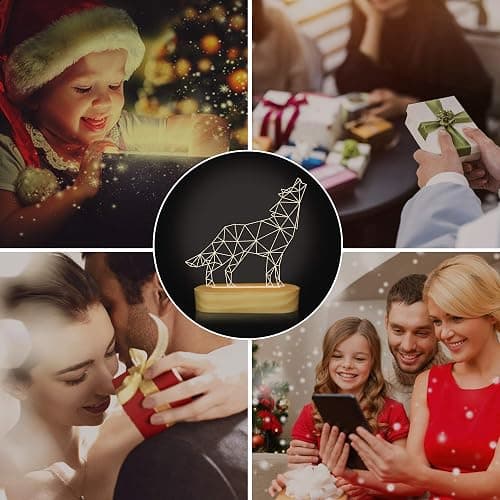 Wolves Gifts,3D Optical Illusion Wolf Lamp Animal LED Night Light for Kids Boys Men Bedroom Decoration,USB Power Warm White Color Table Lamps,Yellow thumbnail 5