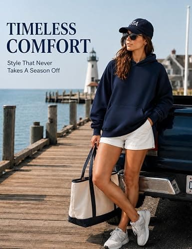Lauweion Women Solid Basic Fleece Letter Loose Hoodie Sweatshirt Long Sleeve Kangaroo Pocket Drop Shoulder Pullovers Top thumbnail 2