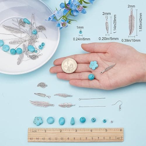 SUNNYCLUE 1 Box DIY 12 Pairs Turquoise Bead Dangle Earrings Making Kit Alloy Enamel Leaf Feather Pendants Charms with Eye Pin & Earring Hooks for DIY Earring Jewelery Making, Antique Silver thumbnail 4