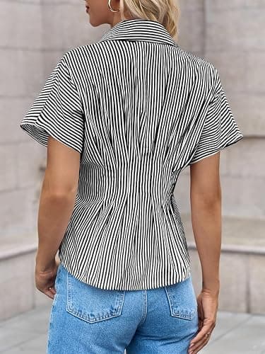 Tankaneo Womens Striped Peplum Button Down Shirts Short Sleeve Pleated Tops Summer Business Casual Blouses thumbnail 6