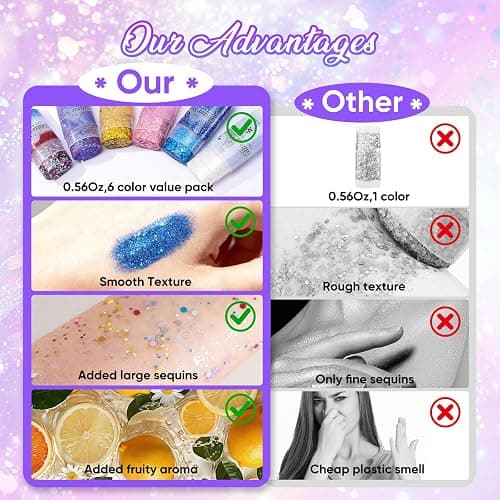 AROIC 6Pcs Body Glitter Stick, Sparkly Mermaid Face Glitter Makeup for Kids | Waterproof Rave Outfits Accessories for Women, Holographic Sequins Hair Glitter for Festival Singer Party Concert Cosplay thumbnail 7