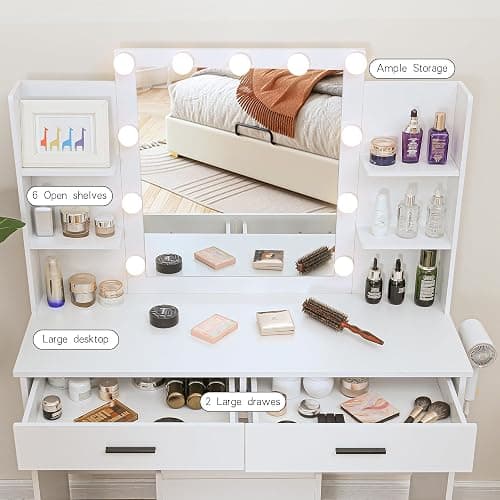 KAMABOKO Vanity Desk with Lighted and Mirror, White Makeup Table with Drawers and Charging Station, 3 Model Adjustable for Bedroom & Dressing Room (010 White) thumbnail 6