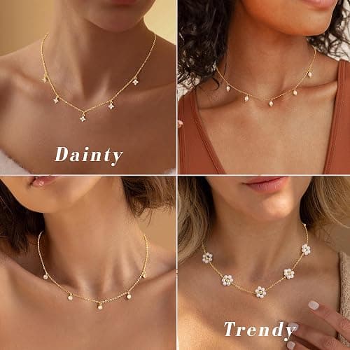 Ursteel Stocking Stuffers for Women Teen Girls, Dainty 14K-Gold-Plated Necklace for Women CZ Clover Butterfly Necklace Pearl Flower Station Necklaces for Women Teen Girl Christmas Gifts for Grandkids thumbnail 5