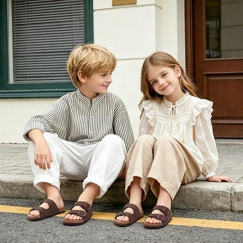 ODOLY Kids Cork Footbed Slides Sandals Adjustable Buckle Summer Shoes | Boys Girls Casual Sandals with Arch Insoles & Anti-Slip Soles for Toddler/Little/Big Kid thumbnail 2