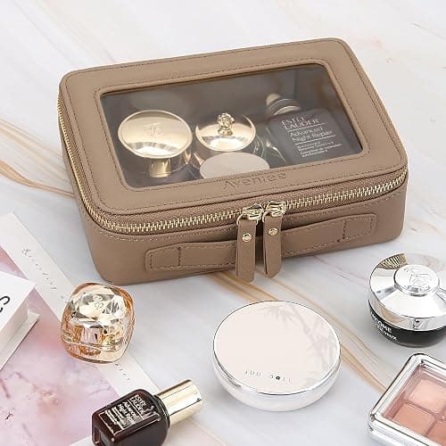 Aveniee Clear Makeup Bag Organizer, Travel Toiletry Bag Cosmetic Case for Women, Portable Make Up Skincare Pouch Car Organizer Bag with Zippers for Essentials,Taupe thumbnail 3